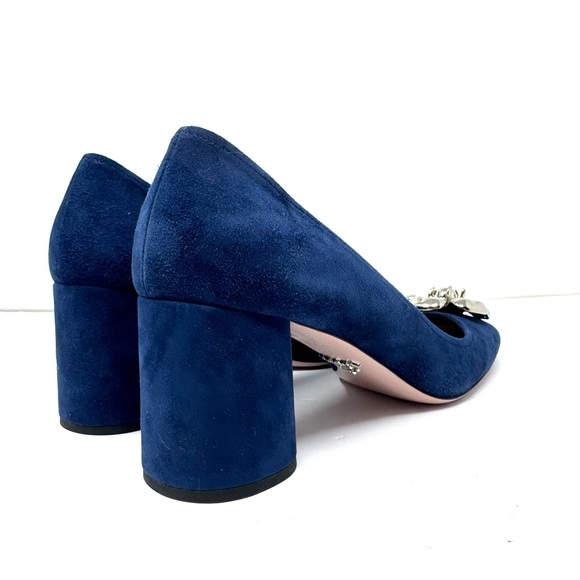 PRADA blue suede block heels, silver tone floral accents, made in Italy, size 39 - Picture 9 of 13
